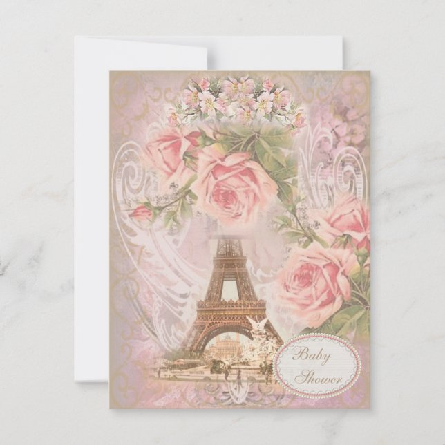 Shabby Chic Eiffel Tower Pink Floral Baby Shower Invitation (Front)