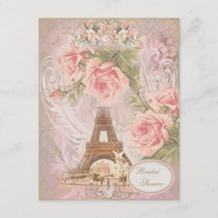 Shabby Chic Eiffel Tower Pink Floral Bridal Shower Invitation