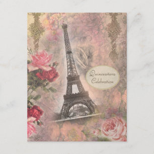 Shabby Chic Eiffel Tower & Roses Quinceanera Invitation