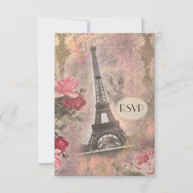 Shabby Chic Eiffel Tower & Roses RSVP Card (Front)