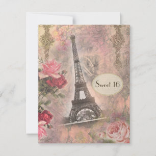 Shabby Chic Eiffel Tower & Roses Sweet 16 Invitation