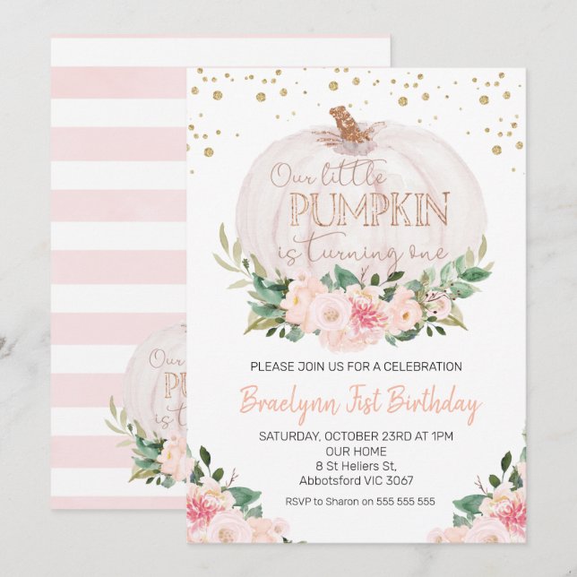 Shabby Chic Fall Pumpkin 1st Birthday Invitation (Front/Back)