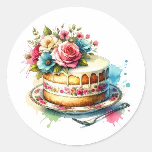 Shabby Chic Floral Birthday Cake Classic Round Sticker