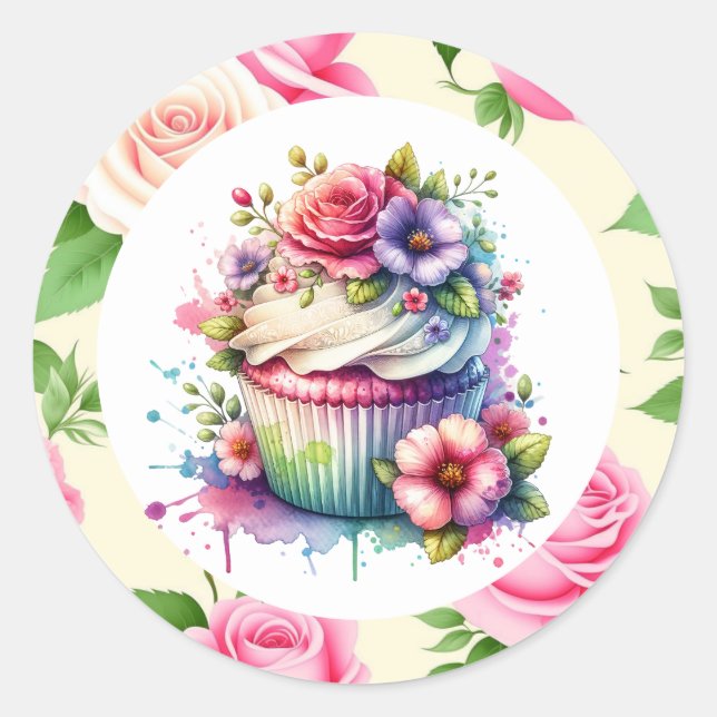 Shabby Chic Floral Birthday Cupcake Classic Round Sticker (Front)