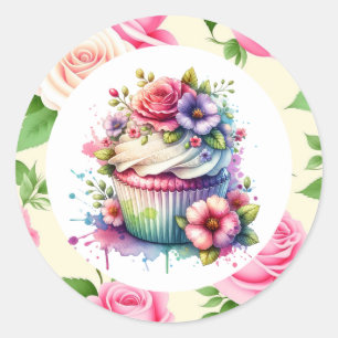 Shabby Chic Floral Birthday Cupcake Classic Round Sticker