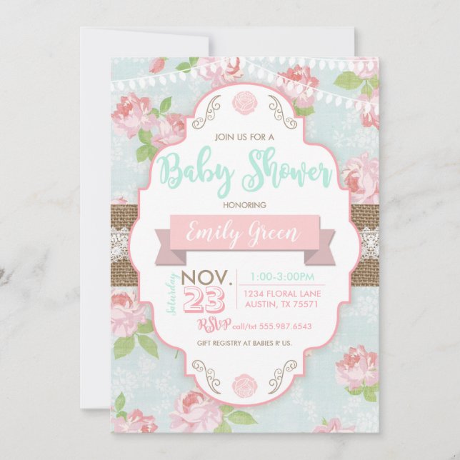 Shabby Chic Floral Burlap Baby Shower Invitation (Front)