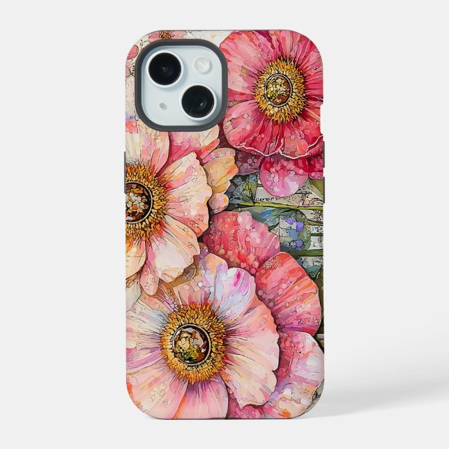 Shabby Chic Floral Ephemera Pink Red Flowers S7L iPhone 15 Case (Back)