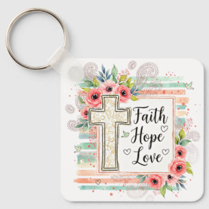 Shabby Chic floral Faith Hope Love Key Ring