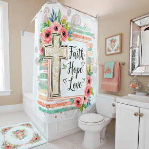Shabby Chic floral Faith Hope Love Shower Curtain