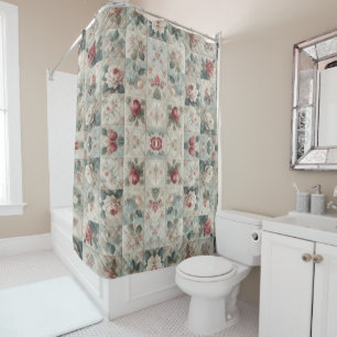 Shabby Chic Floral Faux Quilt Pattern Shower Curtain