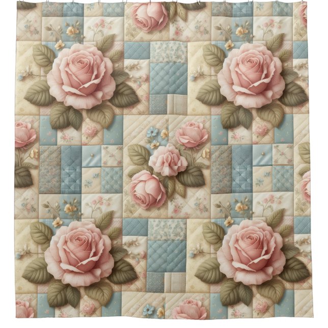 Shabby Chic Floral Faux Quilt Pattern Shower Curtain (Front)