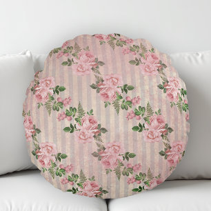 Shabby Chic Floral Grunge Stripes Pink Round Cushion