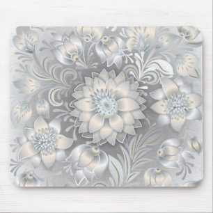 Shabby Chic Floral Neutral Grey White Silver Mouse Mat