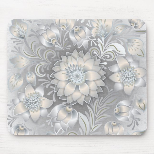 Shabby Chic Floral Neutral Grey White Silver Mouse Mat (Front)