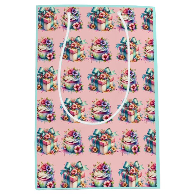 Shabby Chic Floral Pink and Blue Birthday Medium Gift Bag (Front)