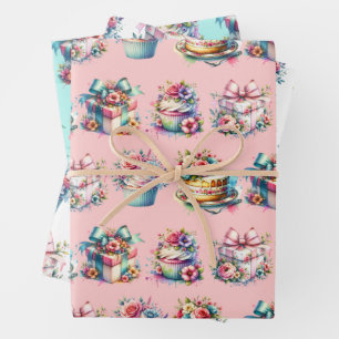 Shabby Chic Floral Pink and Blue Birthday Wrapping Paper Sheet