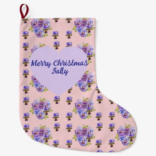Shabby Chic Floral Polka Dot Christmas Womans Name Large Christmas Stocking (Front)