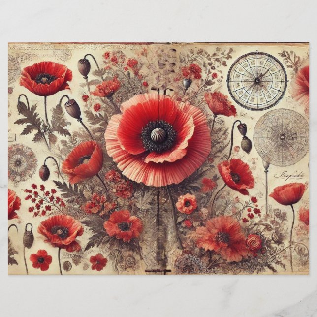 Shabby Chic Floral Poppies Scrapbook Paper (Front)