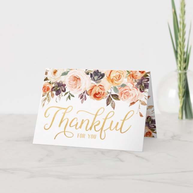 Shabby Chic Floral Rose Thankful Greeting Card (Front)