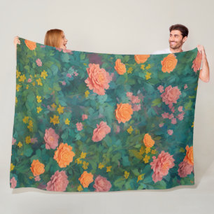 Shabby Chic Floral Roses and Leaves Boho Fleece Blanket
