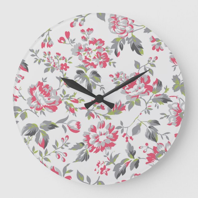 Shabby Chic Floral Roses Pattern Large Clock (Front)