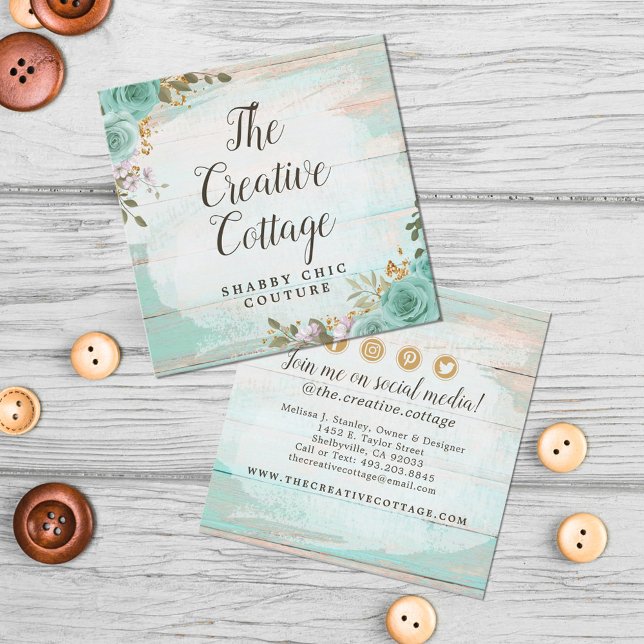 Shabby Chic Floral Rustic Wood Social Media Icons Square Business Card (Creator Uploaded)