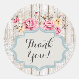 Shabby Chic Floral Rustic Wood Vintage Thank You Classic Round Sticker