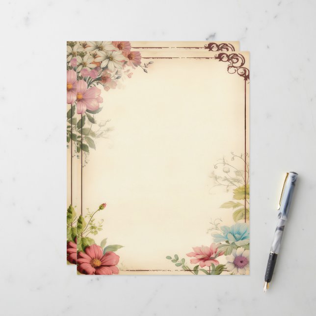 Shabby Chic Floral Scrapbook Stationery Paper (Front/Back In Situ)