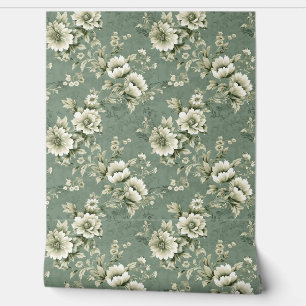 Shabby chic floral soft pastel green ivory roses wallpaper