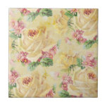 Shabby Chic Floral Tile<br><div class="desc">Sunny yellow roses and pink daisies adorn this cheerful pattern! Soft pastels on lightly distressed linen background.</div>