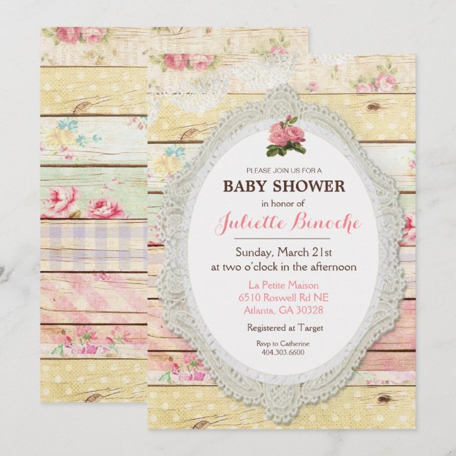 Shabby Chic Floral Wood Baby Shower Invitation (Front/Back)