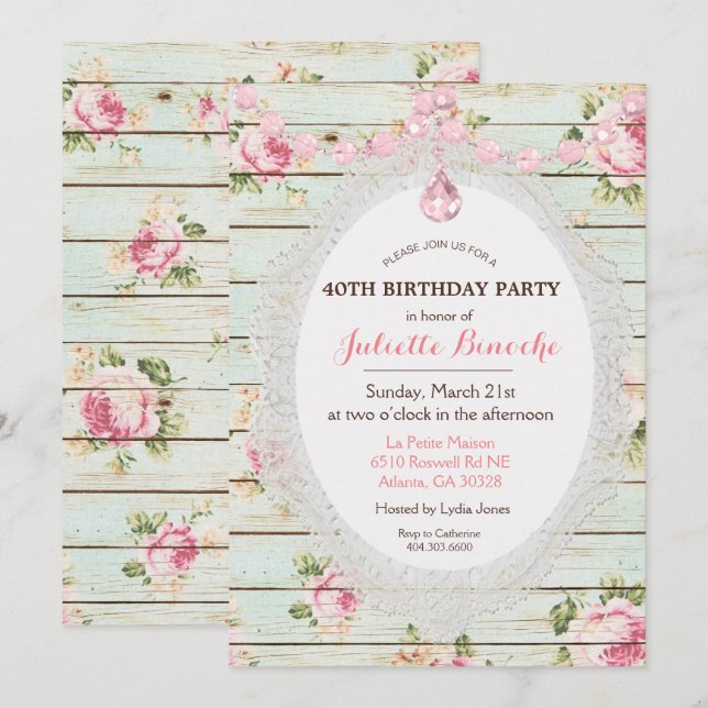 Shabby Chic Floral Wood Birthday Invitation (Front/Back)