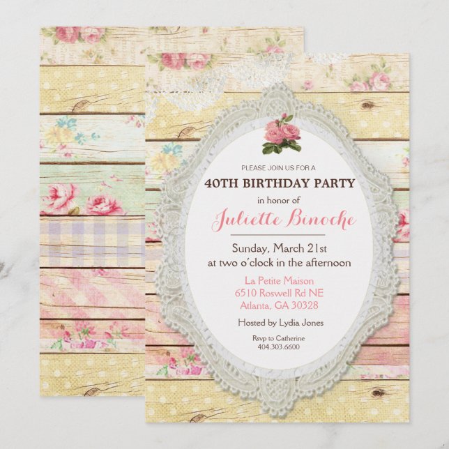 Shabby Chic Floral Wood Birthday Invitation (Front/Back)
