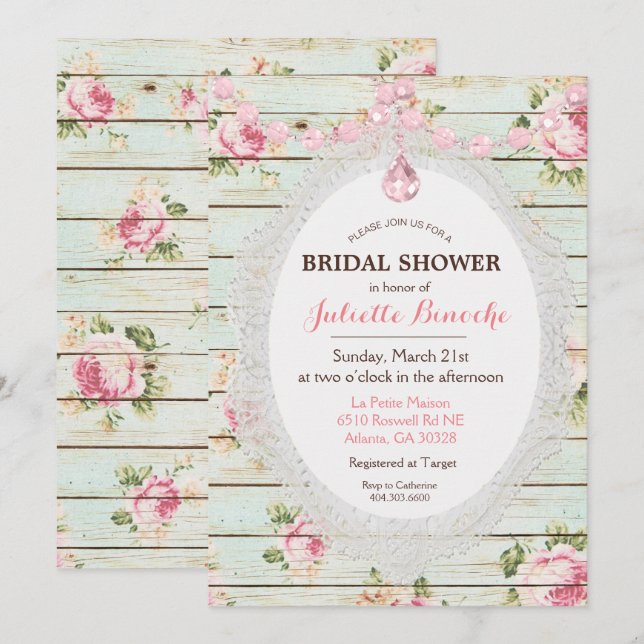Shabby Chic Floral Wood Bridal Shower Invitation (Front/Back)