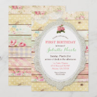 Shabby Chic Floral Wood First Birthday Invitation