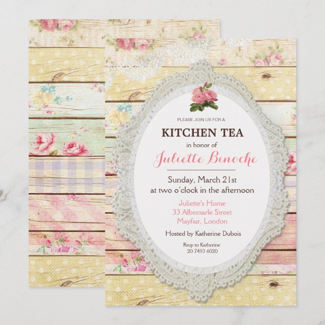 Shabby Chic Floral Wood Kitchen Tea Invitation (Front/Back)