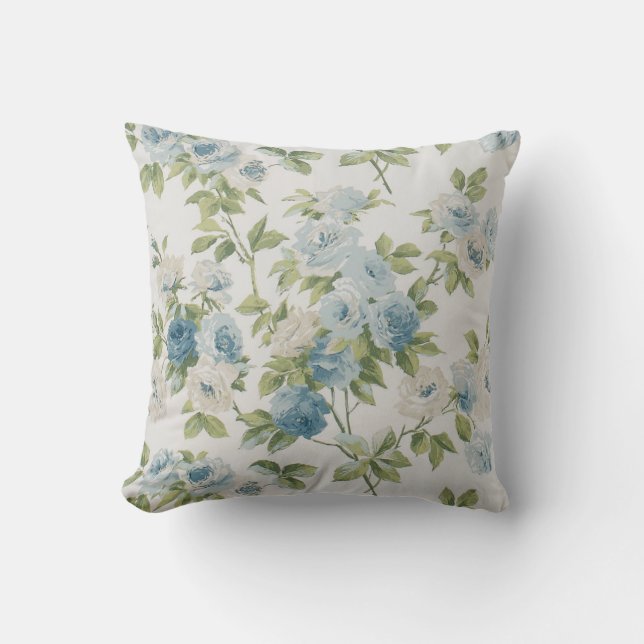 Shabby Chic Flowers Watercolor Roses Blue Floral Cushion (Front)