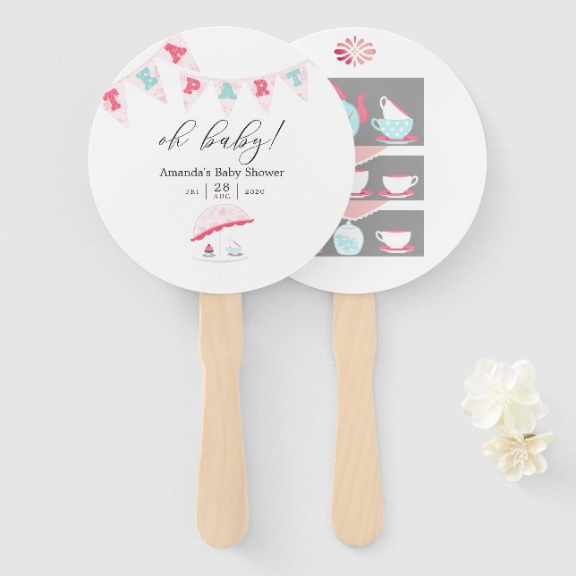 Shabby-Chic Girl Baby Shower Tea Party Hand Fan (Front and Back)