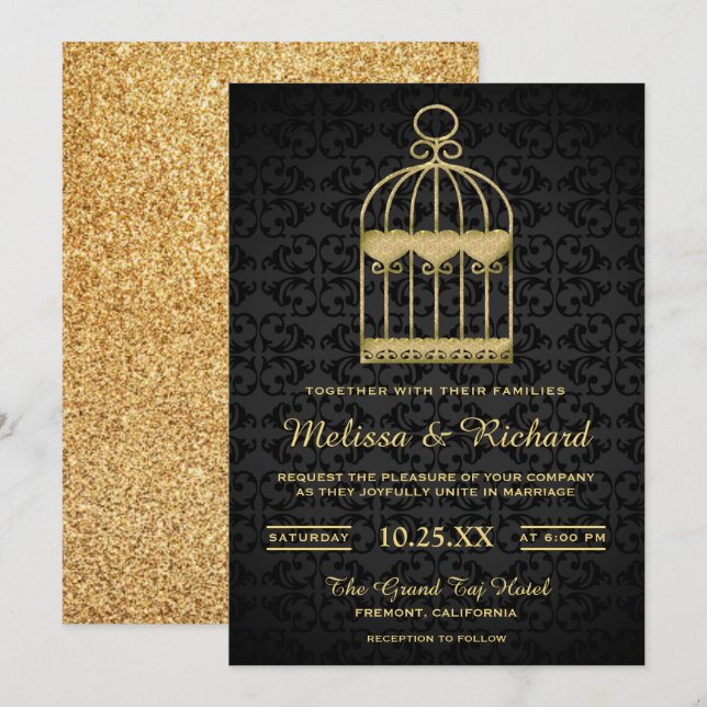 Shabby Chic Gold Birdcage Wedding Invitation (Front/Back)