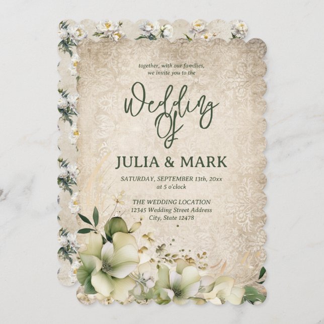 Shabby Chic Green And Beige Floral Wedding  Invitation (Front/Back)