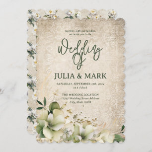 Shabby Chic Green And Beige Floral Wedding  Invitation