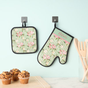 Shabby Chic Green White Stripes and Floral Oven Mitt & Pot Holder Set
