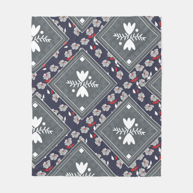 Shabby Chic Grey Bandannas & Retro Flowers Fleece Blanket (Front)