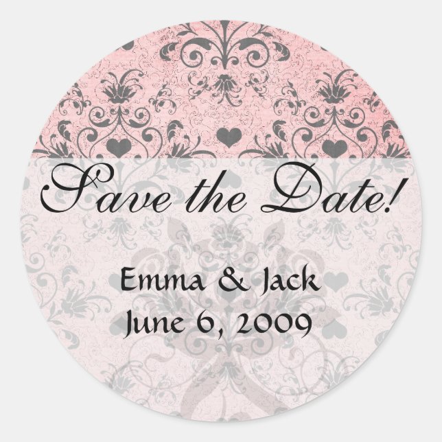 shabby chic grey heart swirl damask on grunge pink classic round sticker (Front)