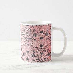 shabby chic grey heart swirl damask on grunge pink coffee mug
