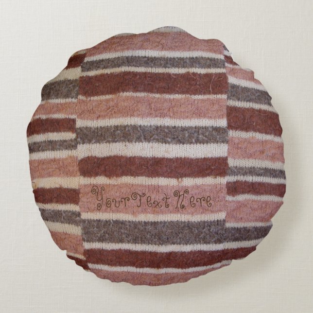 shabby chic hand knitted brown biege striped fun round cushion (Back)