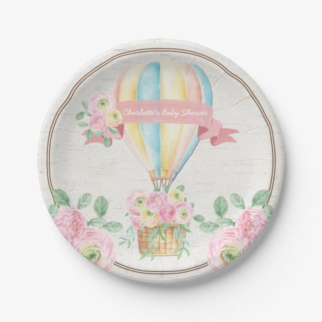 Shabby Chic Hot Air Balloon Pink Floral Shower Paper Plate (Front)