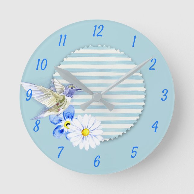 Shabby Chic Hummingbird Shades of Blue Round Clock (Front)