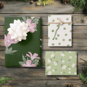 Shabby Chic Hunter Green Pink Floral Cottagecore  Wrapping Paper Sheet