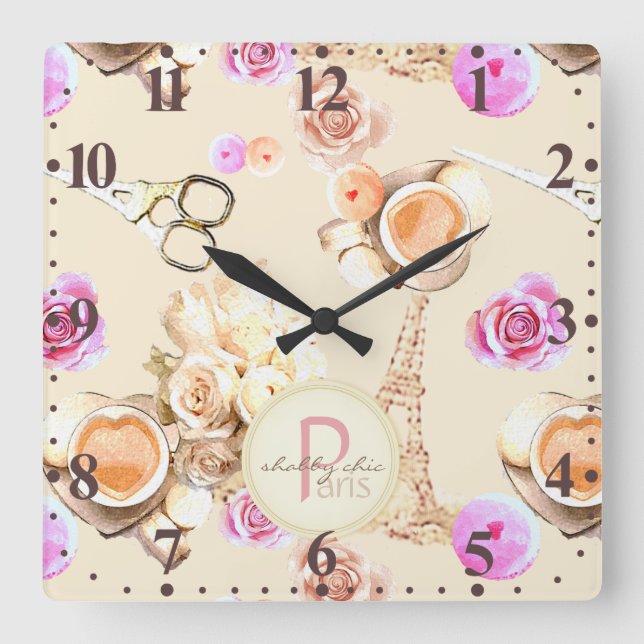 Shabby Chic in Vintage Paris Square Wall Clock (Front)